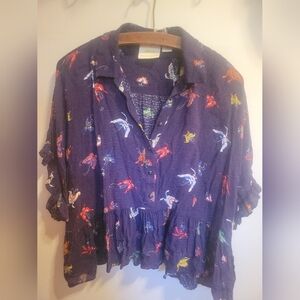 Maeve by Anthropologie Mallory Ruffle Butterfly Print Navy Button Up Blouse Med